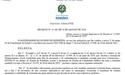 Aulas presenciais em Rondônia tem retorno prorrogado para novembro